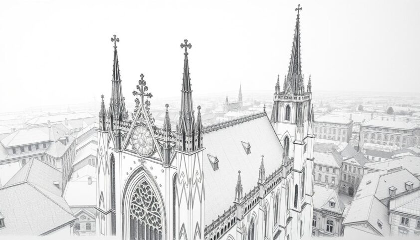 Altstadt mit Kirche, historische Stadtsilhouette, gotische Architektur, Sehenswürdigkeit, Touristenattraktion.