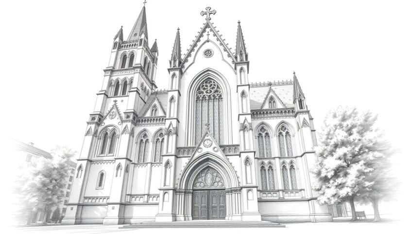 Historische Stadtansicht mit gotischer Kirche Altstadt Gebäude.