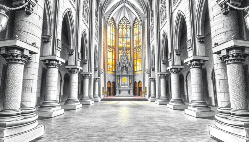 Innenraum der Altstadtkirche mit gotischer Architektur und farbigem Glasfenster.