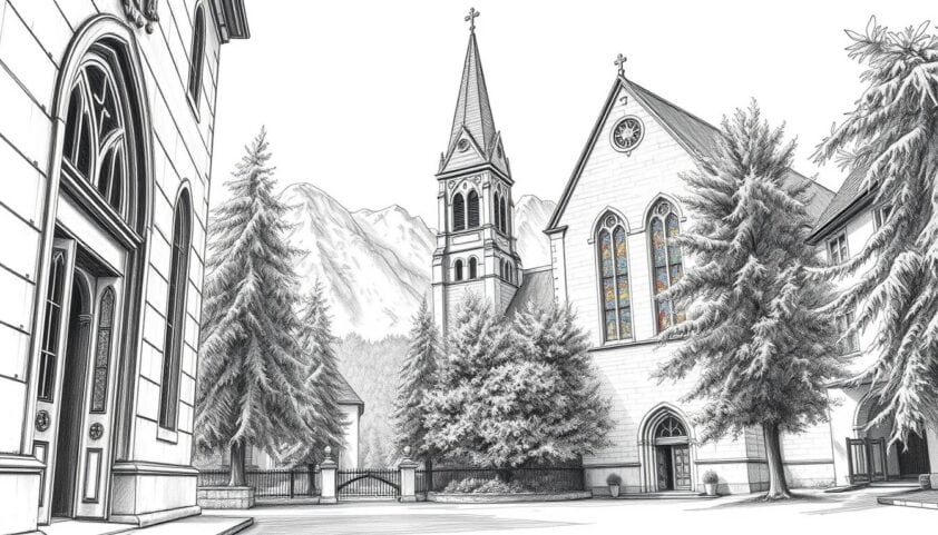 Historische Kirche in der Altstadt, umgeben von Bäumen und Bergen.