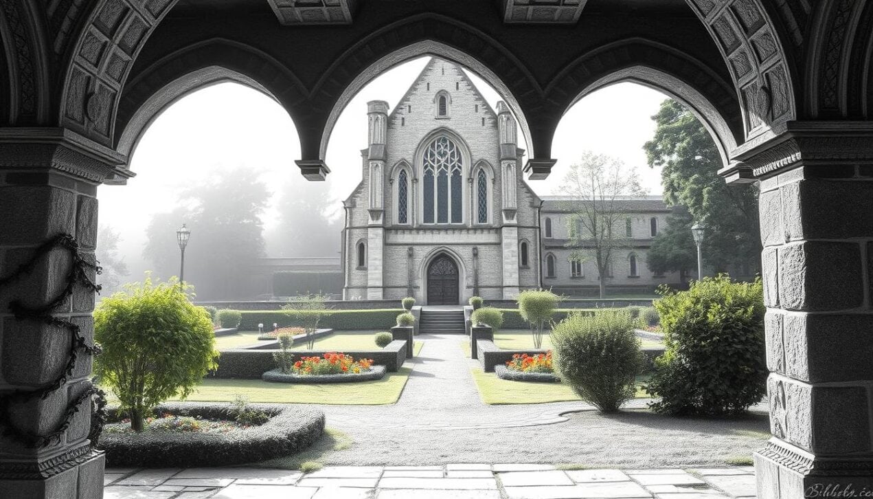 Historische Kirche in der Altstadt, umgeben von gepflegten Gärten, beeindruckende Architektur.