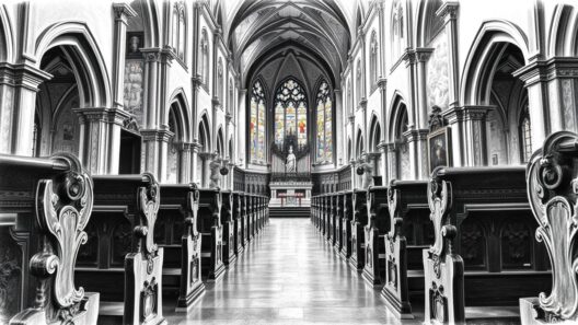 Innenraum der Altstadt-Kirche mit bunten Glasfenstern, gotischer Architektur, Holzbänken und steinerne Säulen.