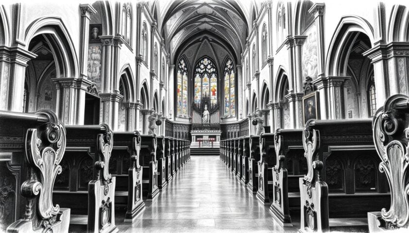 Innenraum der Altstadt-Kirche mit bunten Glasfenstern, gotischer Architektur, Holzbänken und steinerne Säulen.