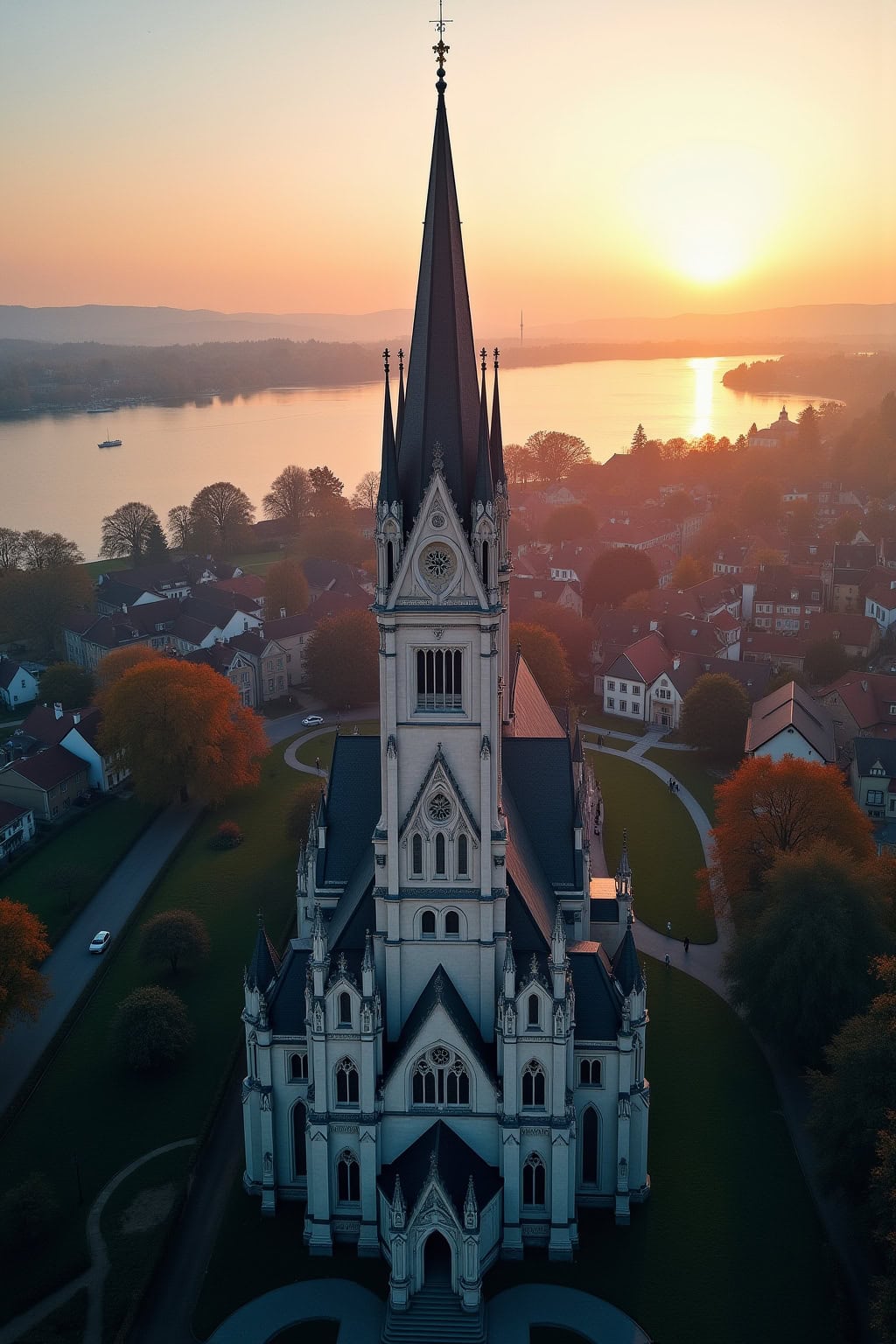 Historische Kirche in der Altstadt bei Sonnenuntergang, Blick auf die Flusslandschaft mit Wasser und Hügeln.