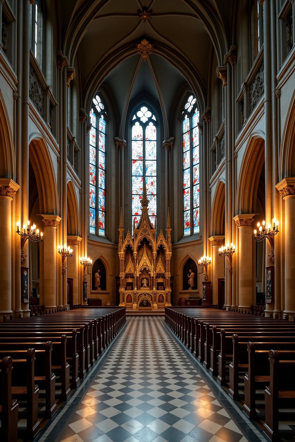 Innenansicht der gotischen Kirche mit hohen Fenstern und Altar, gemütliche Atmosphäre in der Altstädter Kirche.