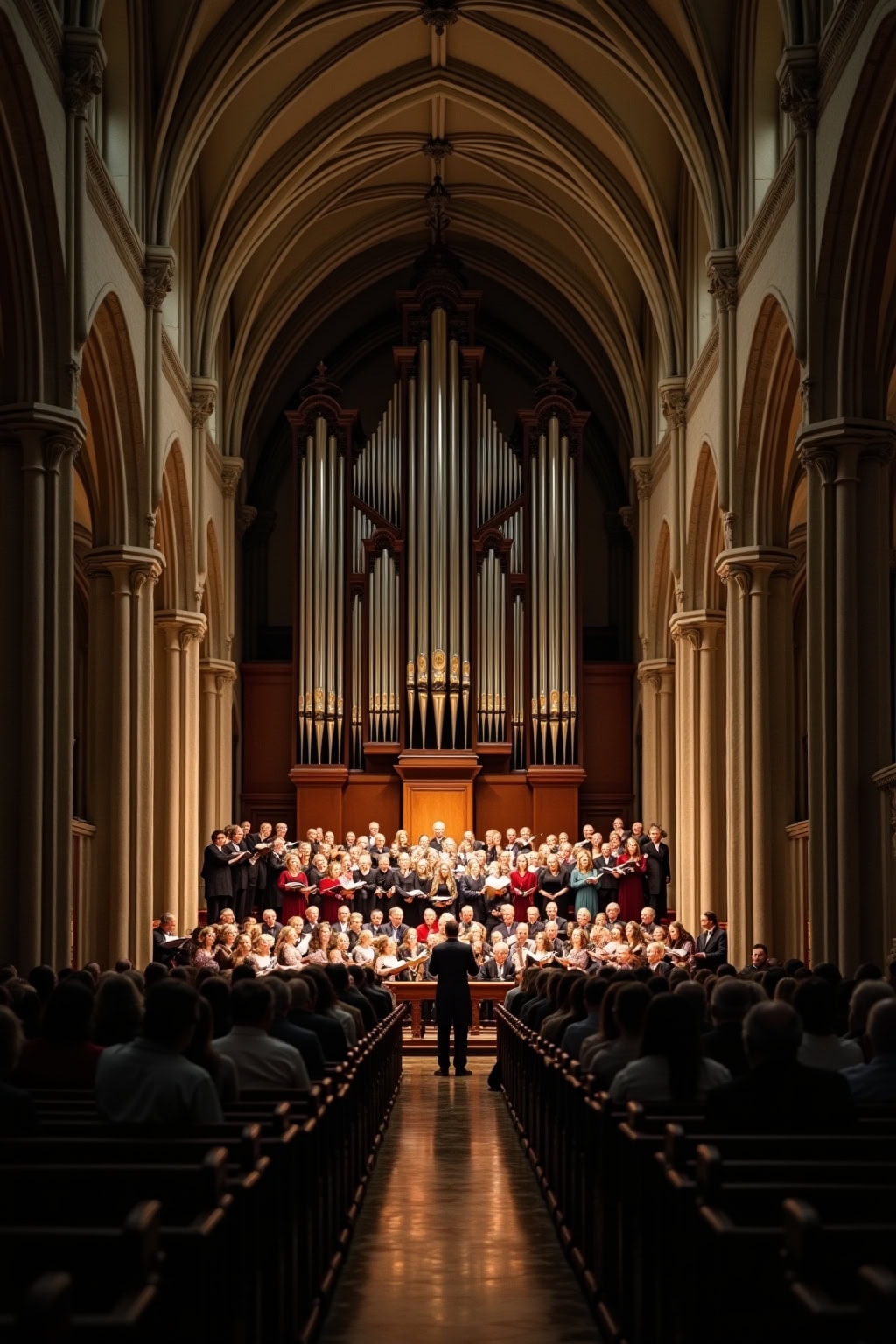 Blick auf die Altstadt mit Kirche, Orgel und einem Chor während eines Konzerts.