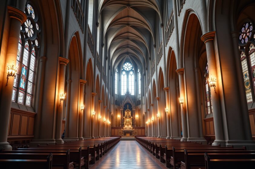 Besucher entdecken die prachtvolle Kirche in der Altstadt mit beeindruckender gotischer Architektur und geschmückten Fenstern.