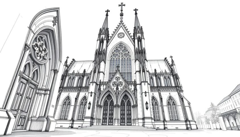 Historische Kirche in der Altstadt, gotische Architektur, Fenster und Kreuz, zentrale Lage.