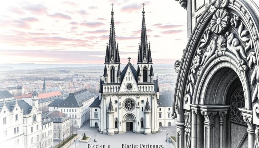Altstadt mit Kirche, schöne Ansicht auf historische Altstadt mit gotischer Kirche im Zentrum.