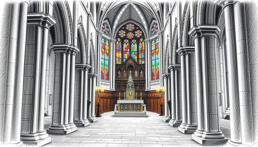 Alte Kirche in der Altstadt mit beeindruckender Architektur, gotischer Stil, Fenster und Innenraum, Touristenattraktion.