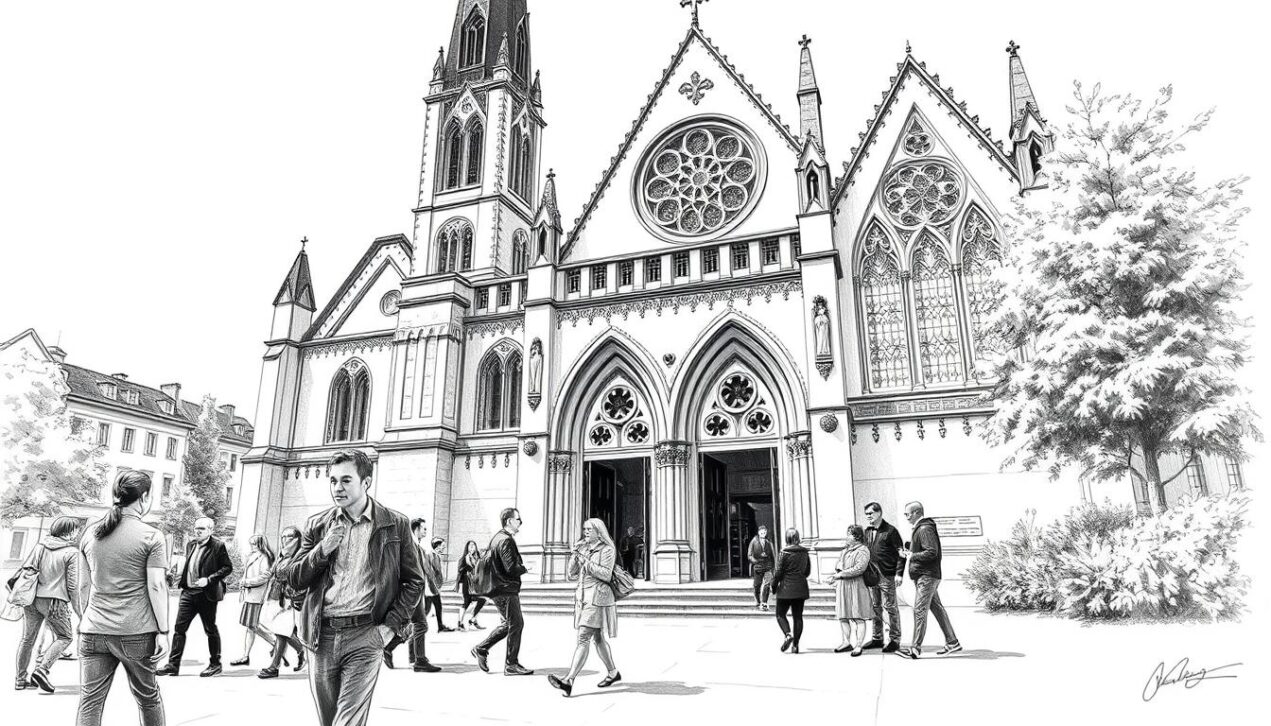 Moderne Ansicht der Altstadt mit gotischer Kirche und Menschen vor dem Eingang.