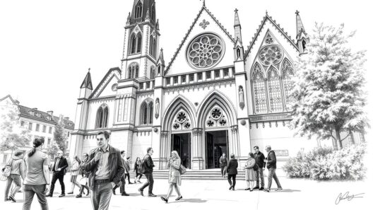 Moderne Ansicht der Altstadt mit gotischer Kirche und Menschen vor dem Eingang.