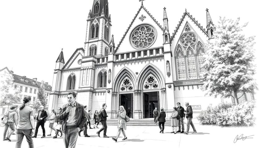 Moderne Ansicht der Altstadt mit gotischer Kirche und Menschen vor dem Eingang.