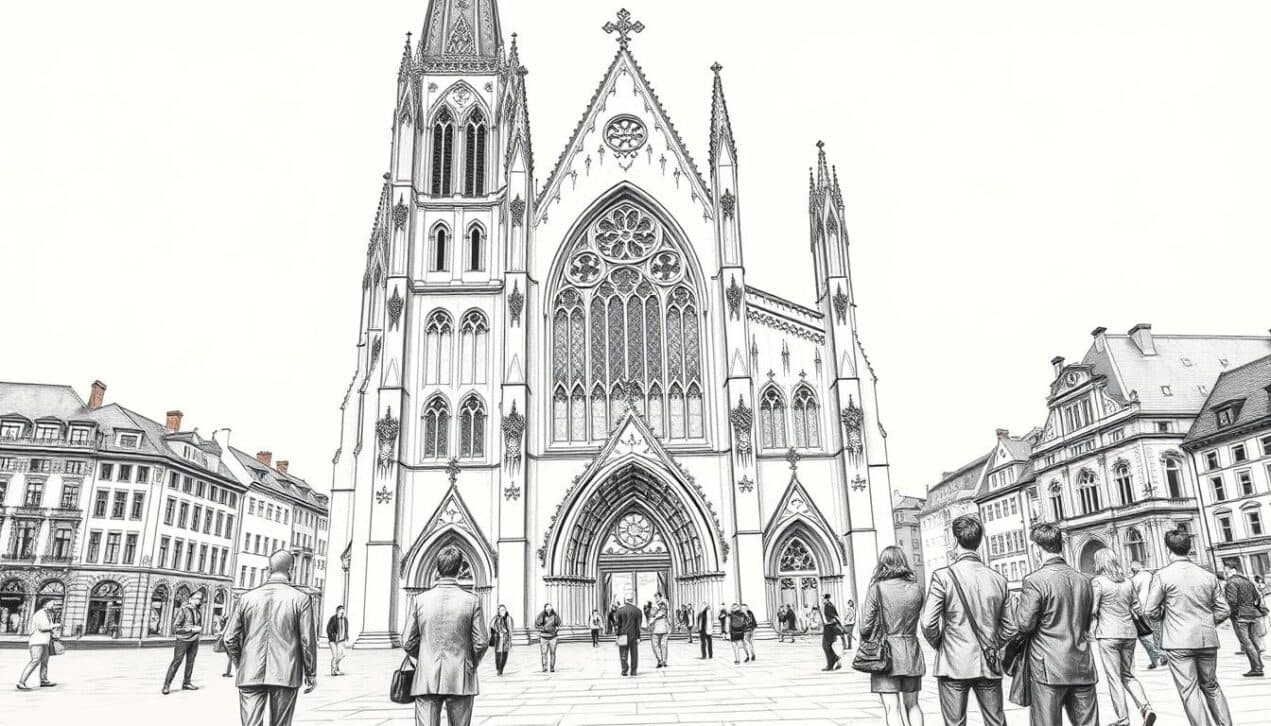 Historische Altstadt mit imposanter Kirche im Zentrum, Besucher spaziergängig vor dem geschichtsträchtigen Bau.