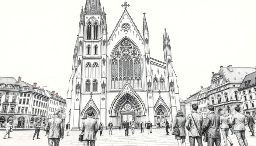 Historische Altstadt mit imposanter Kirche im Zentrum, Besucher spaziergängig vor dem geschichtsträchtigen Bau.