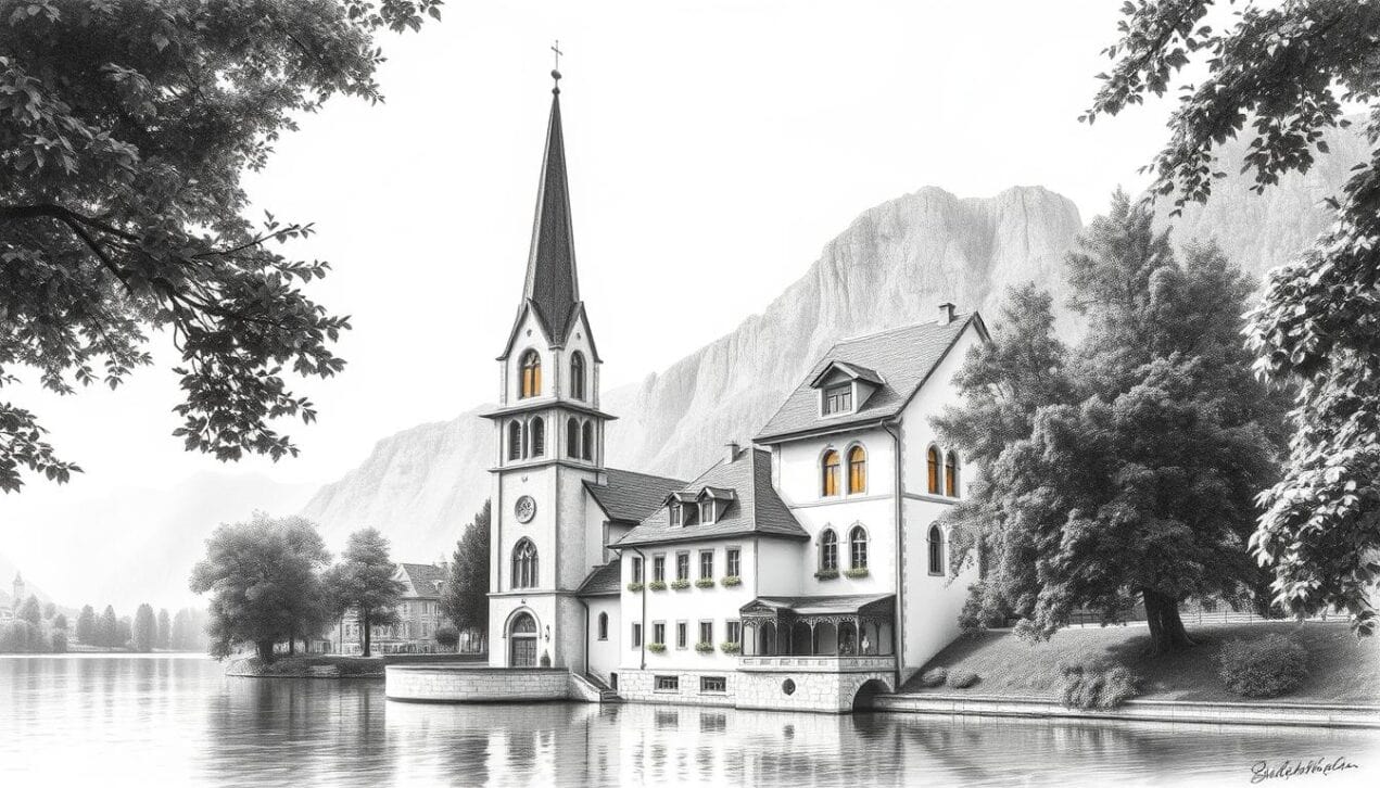 Historische Kirche in der Altstadt, idyllisch am Wasser gelegen, mit malerischem Bergpanorama.