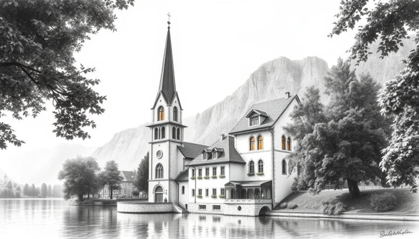 Historische Kirche in der Altstadt, idyllisch am Wasser gelegen, mit malerischem Bergpanorama.