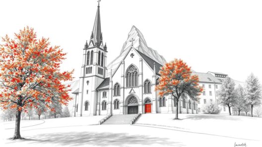 Altehrwürdige Kirche in der Altstadt mit herbstlichen Bäumen, historischer Architektur und beeindruckender Atmosphäre.