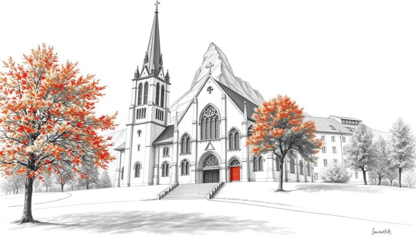 Altehrwürdige Kirche in der Altstadt mit herbstlichen Bäumen, historischer Architektur und beeindruckender Atmosphäre.