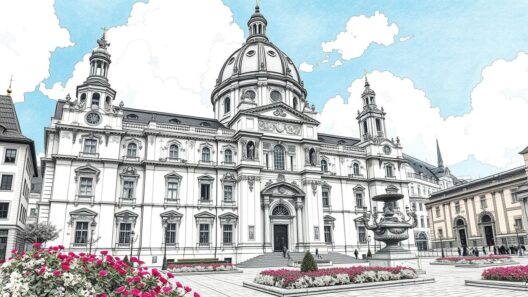 Gotteshaus in der Altstadt mit prächtigem Barockstil, umgeben von Blumenarrangements und gepflegter Stadtlandschaft.