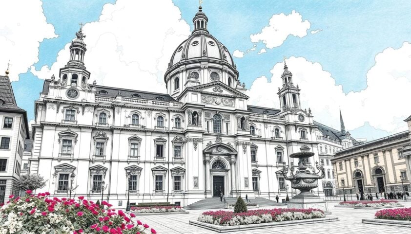 Gotteshaus in der Altstadt mit prächtigem Barockstil, umgeben von Blumenarrangements und gepflegter Stadtlandschaft.