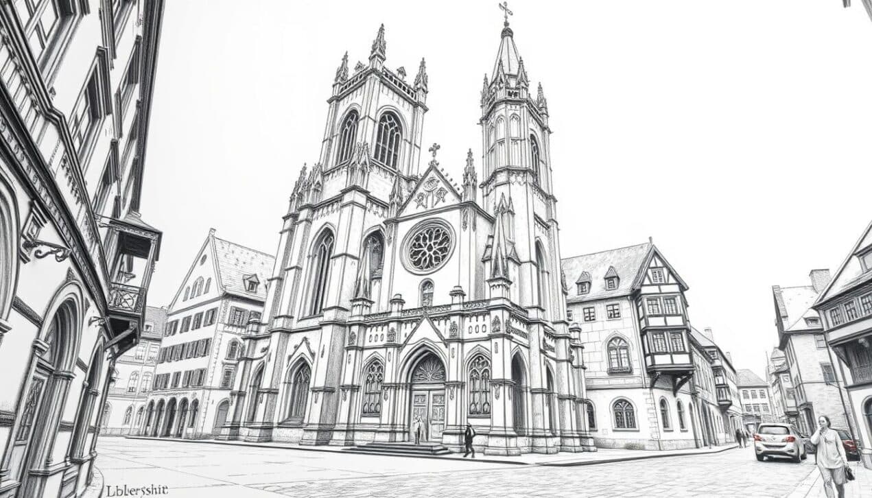 Altstadt mit Kirche in historischen Stadthäusern, zentrale Sehenswürdigkeit, ideal für Spaziergänge und Fotografie.