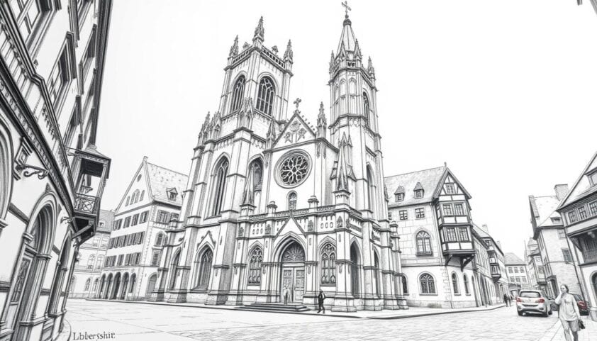Altstadt mit Kirche in historischen Stadthäusern, zentrale Sehenswürdigkeit, ideal für Spaziergänge und Fotografie.