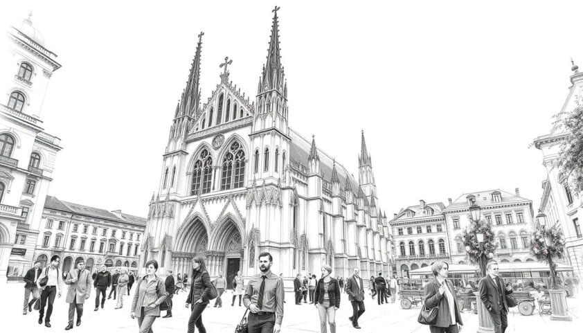 Stadtrundgang im historischen Stadtkern mit gotischer Kirche und mittelalterlicher Architektur.