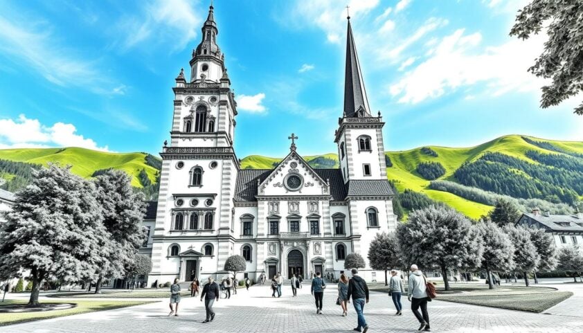 Historische Altstadt mit beeindruckender Kirche und malerischer Umgebung in den Bergen.