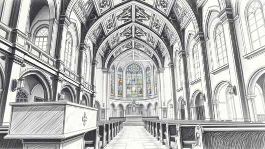 Gut sichtbarer Innenraum der Altstadtkirche mit Benediktiner-Architektur und prachtvollen bunten Fenstern.