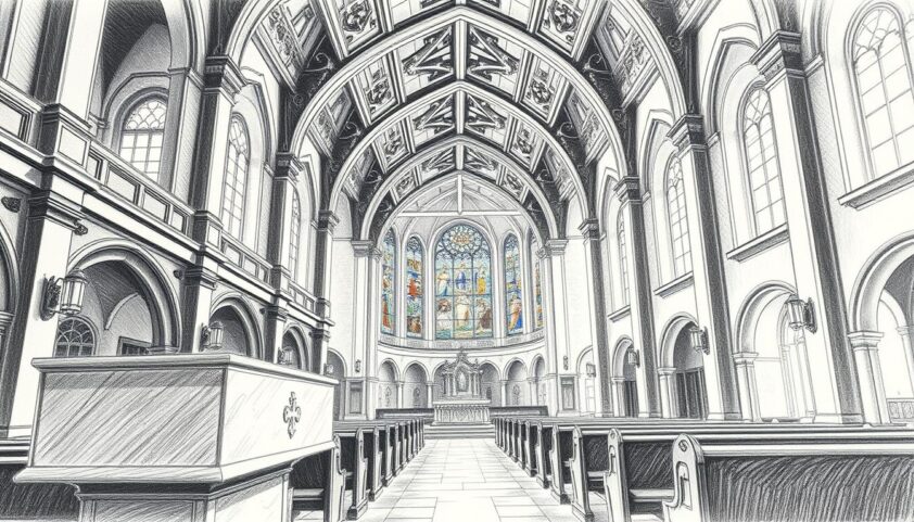 Gut sichtbarer Innenraum der Altstadtkirche mit Benediktiner-Architektur und prachtvollen bunten Fenstern.