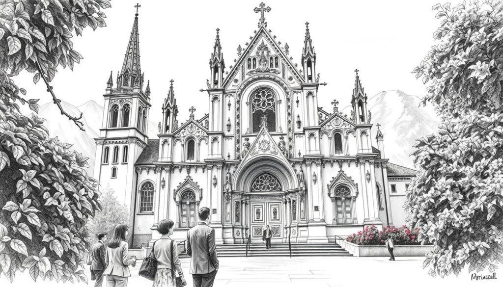 Stunning black and white pencil sketch of the Basilica Mariazell, showcasing its baroque architecture with intricate details, soaring spires, and decorative elements. In the foreground, lush greenery adds a natural frame, while elegant visitors in modest casual clothing observe the magnificent facade. The middle layer emphasizes the basilica’s majestic entrance, adorned with ornate carvings and large arches. The background features a serene mountain landscape, enhancing the peaceful atmosphere. Soft, diffused lighting casts gentle shadows, creating a sense of depth and dimension. Adding pops of color to key architectural features and the surrounding flowers offers a striking contrast and draws the viewer's attention. The overall mood conveys reverence and admiration for this architectural masterpiece.