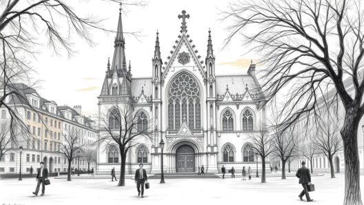 Altertümliche Kirche in der Altstadt, imposante gotische Architektur, Bäume und Stadtleben, perfekt für Tourismus und Stadtbesichtigungen.