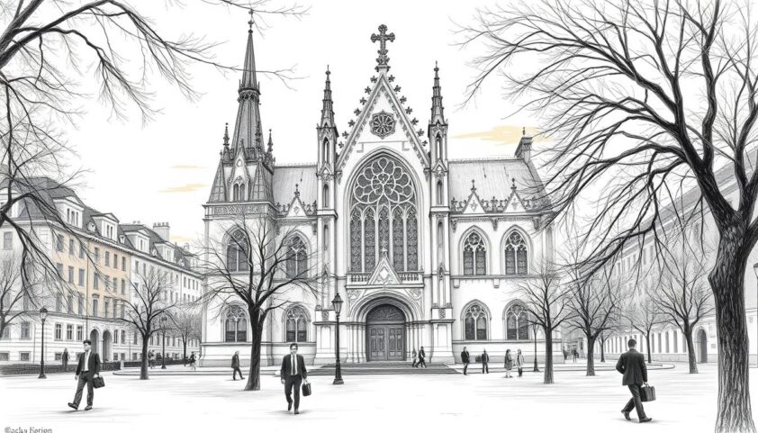 Altertümliche Kirche in der Altstadt, imposante gotische Architektur, Bäume und Stadtleben, perfekt für Tourismus und Stadtbesichtigungen.