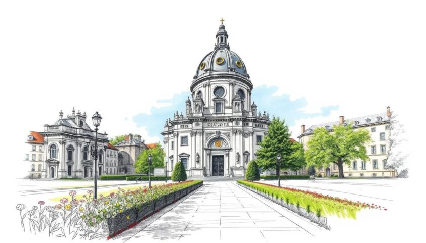 Altstadt mit barocker Kirche, historische Umgebung, Sehenswürdigkeit, Touristenattraktion, Stadtzentrum.