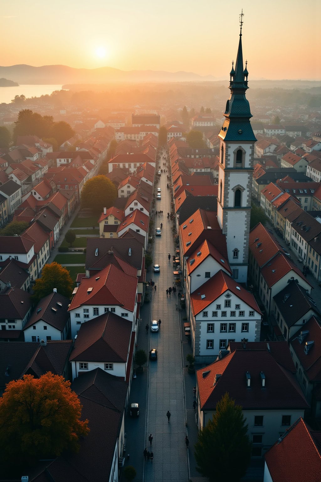 Altstadt mit historischer Kirche, rote Dächer, malerische Gassen, Sonnenuntergang, rechts der Kirchturm.