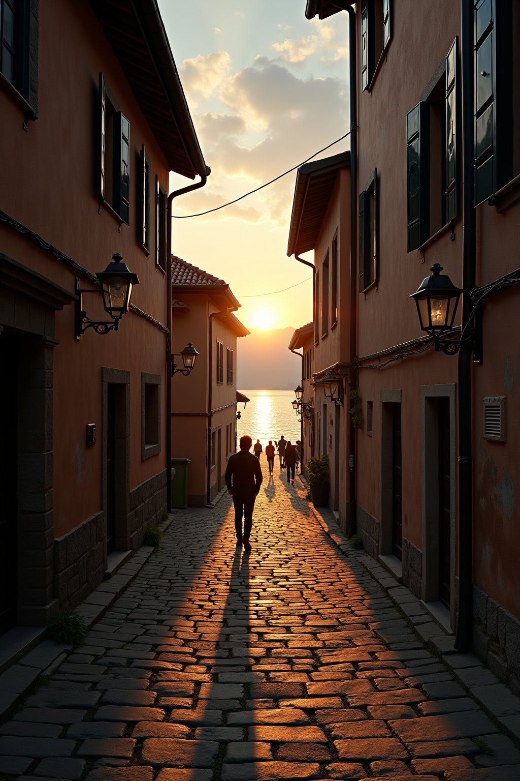 Charmante Altstadtgasse mit Blick auf die Kirche bei Sonnenuntergang, altes Kopfsteinpflaster, historische Fassaden.