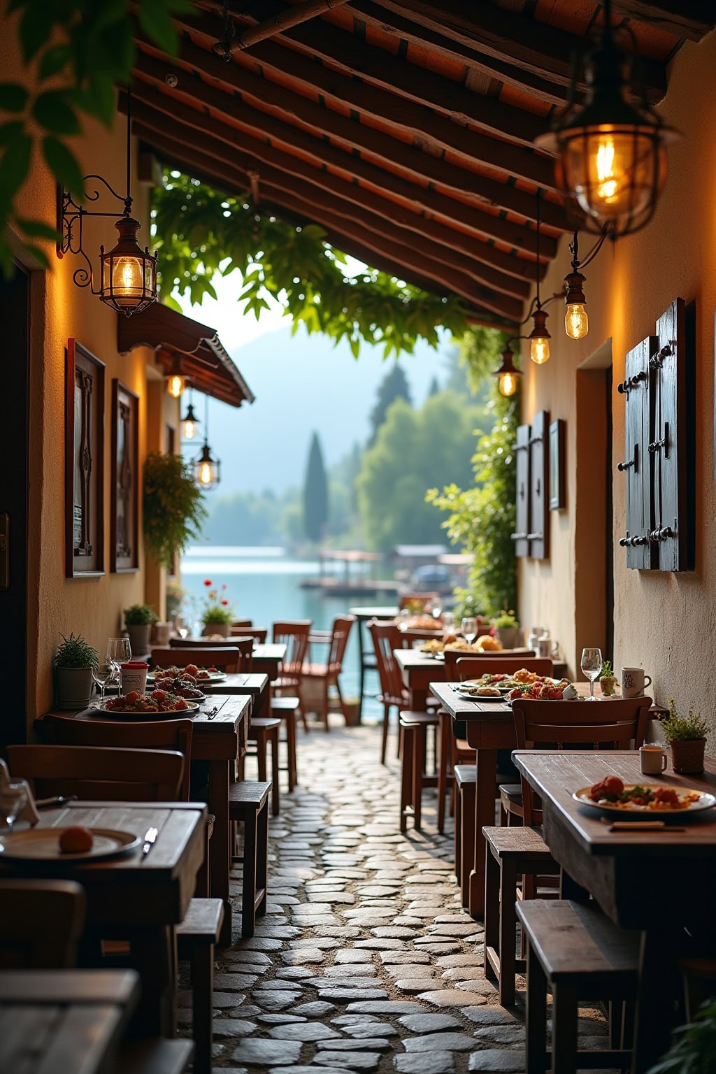 Gemütliche Terrasse mit Wasserblick, festliche Atmosphäre, charmantes Restaurant, schöne Stimmung, Außenbereich, italienisches Essen.
