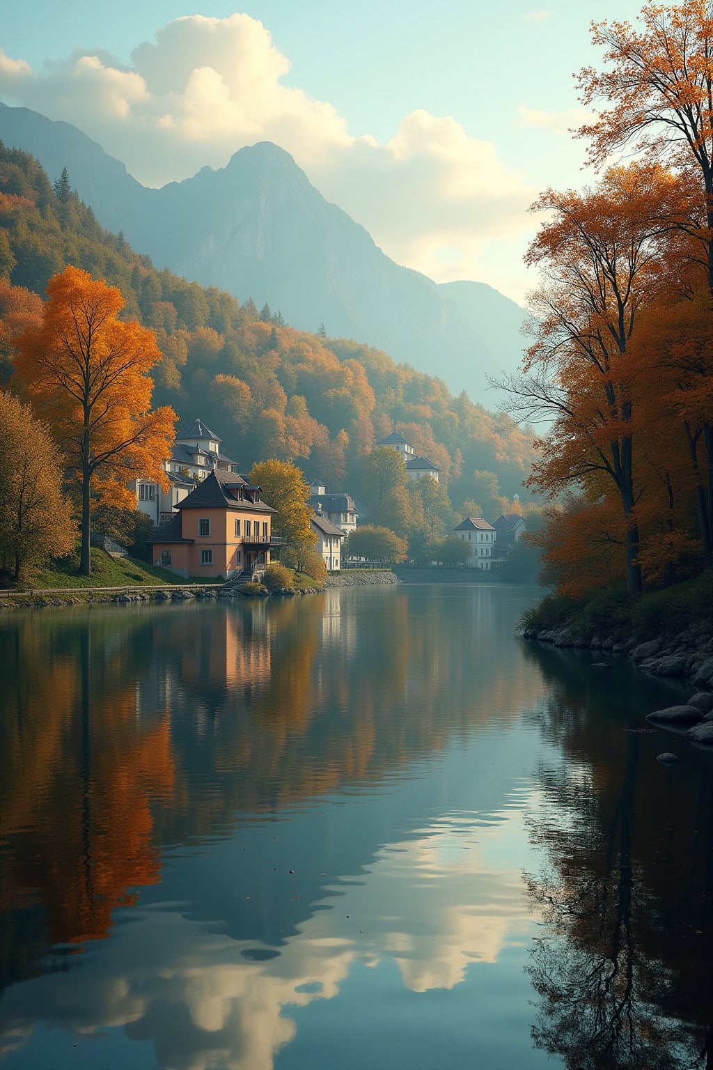 Alpsee im bayerischen Oberland mit umgebenden Bergen und malerischen Häusern im Herbst.