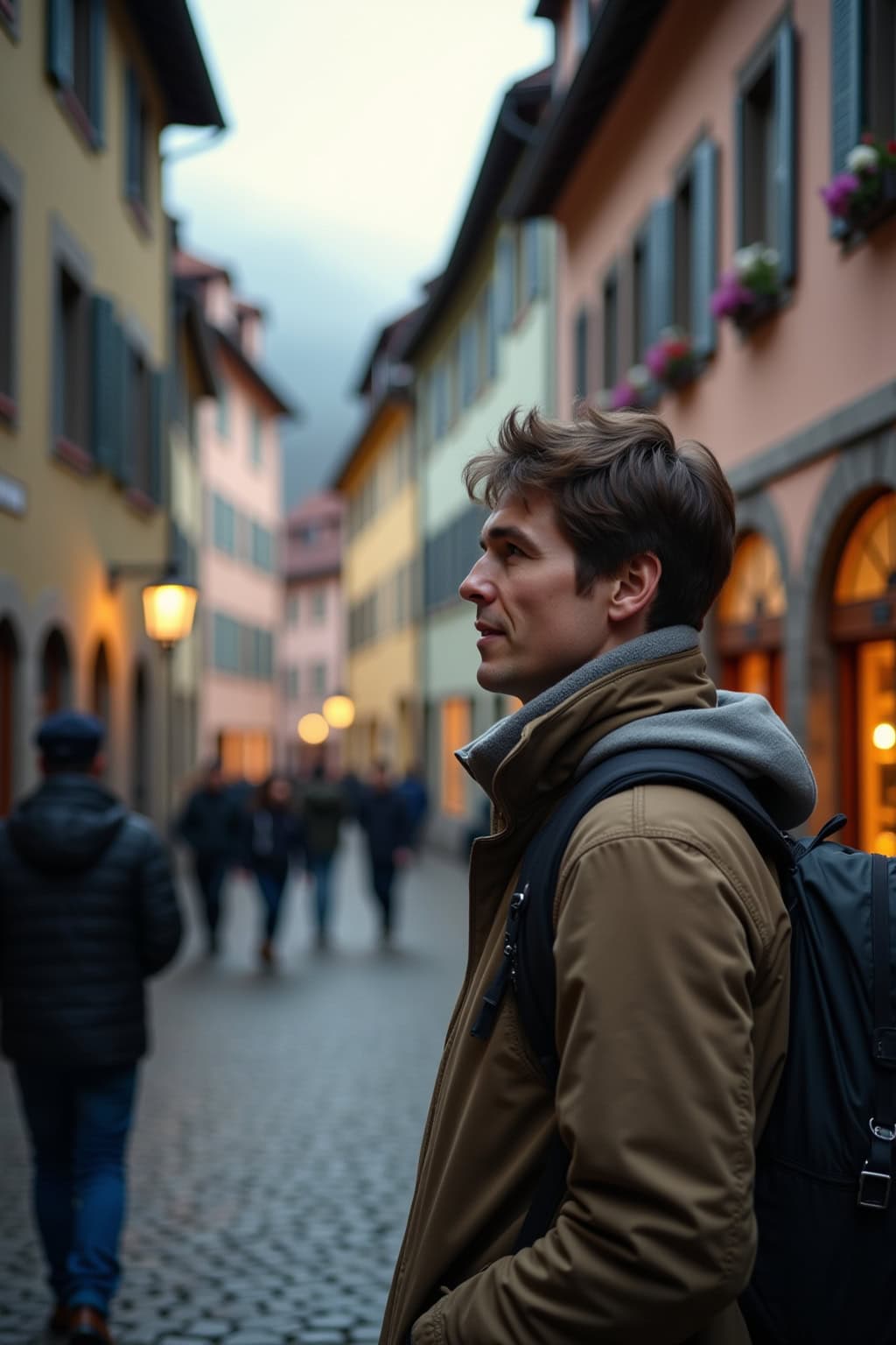 Altertümliche Fachwerkhäuser und bunte Fassaden in der Altstadt mit der Kirche im Hintergrund.