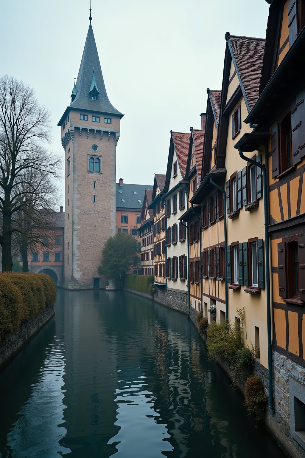 Altstadt mit Kirchturm und Fachwerkhäusern entlang des Flusses, malerische historische Gebäude, typisch deutsche Altstadt.