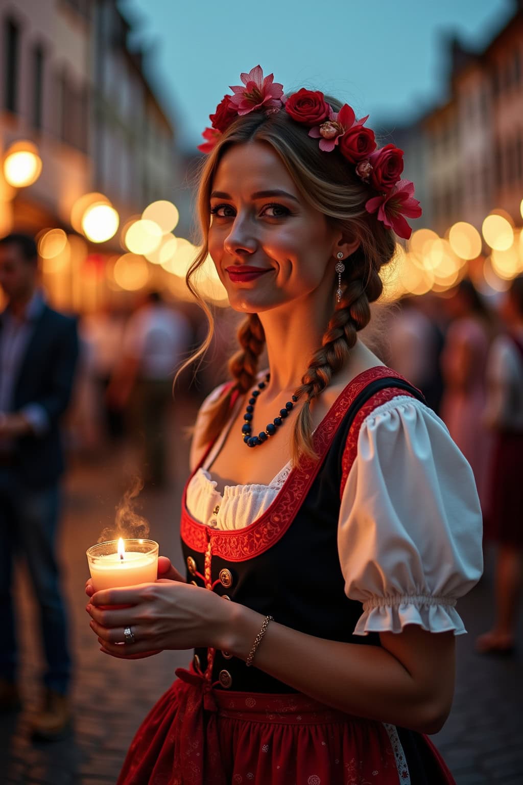 Traditionelle Tracht im Herzen der Altstadt mit Kirche bei abendlicher Feier.