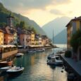 Historische Altstadt am Lago di Como mit Kirche, bunten Häusern und Bootsbooten im Wasser.