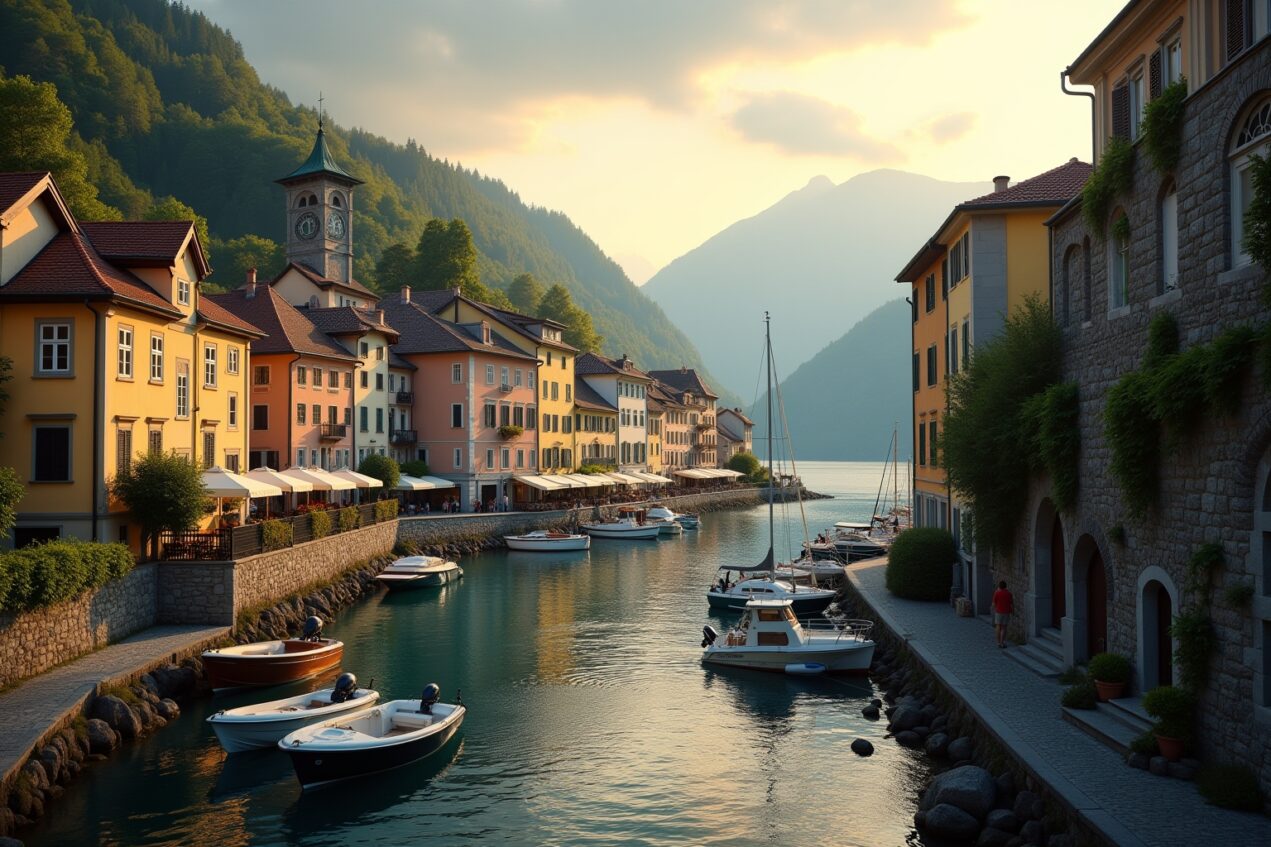 Historische Altstadt am Lago di Como mit Kirche, bunten Häusern und Bootsbooten im Wasser.