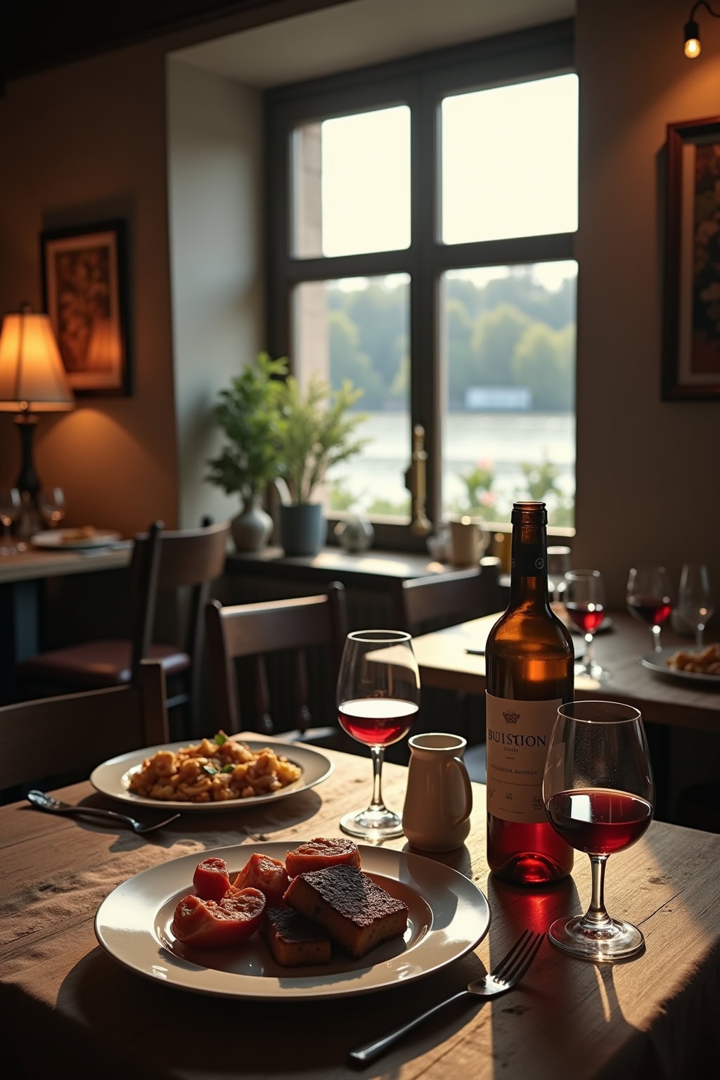 Innenaufnahme eines Restaurants in der Altstadt mit Blick auf die Kirche, gedeckter Tisch, Wein und leckeres Essen.
