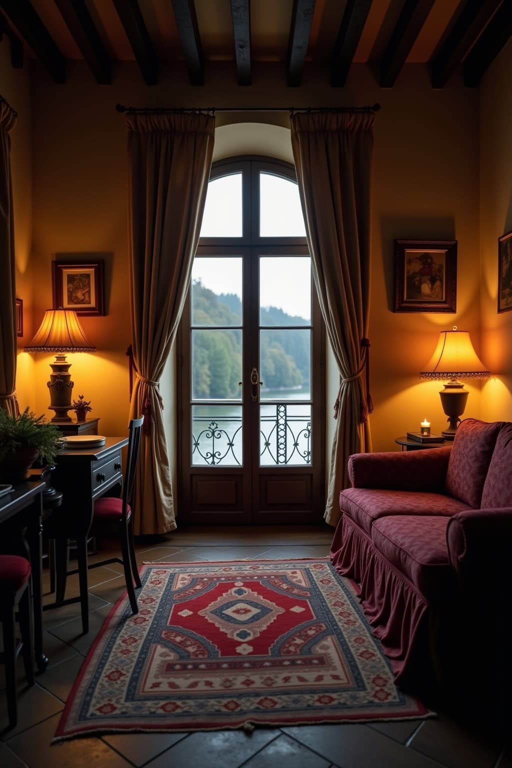 Gemütliches Wohnzimmer mit Blick auf Fluss, angelehnt an Altstadt mit Kirche, warme Beleuchtung, elegante Einrichtung.