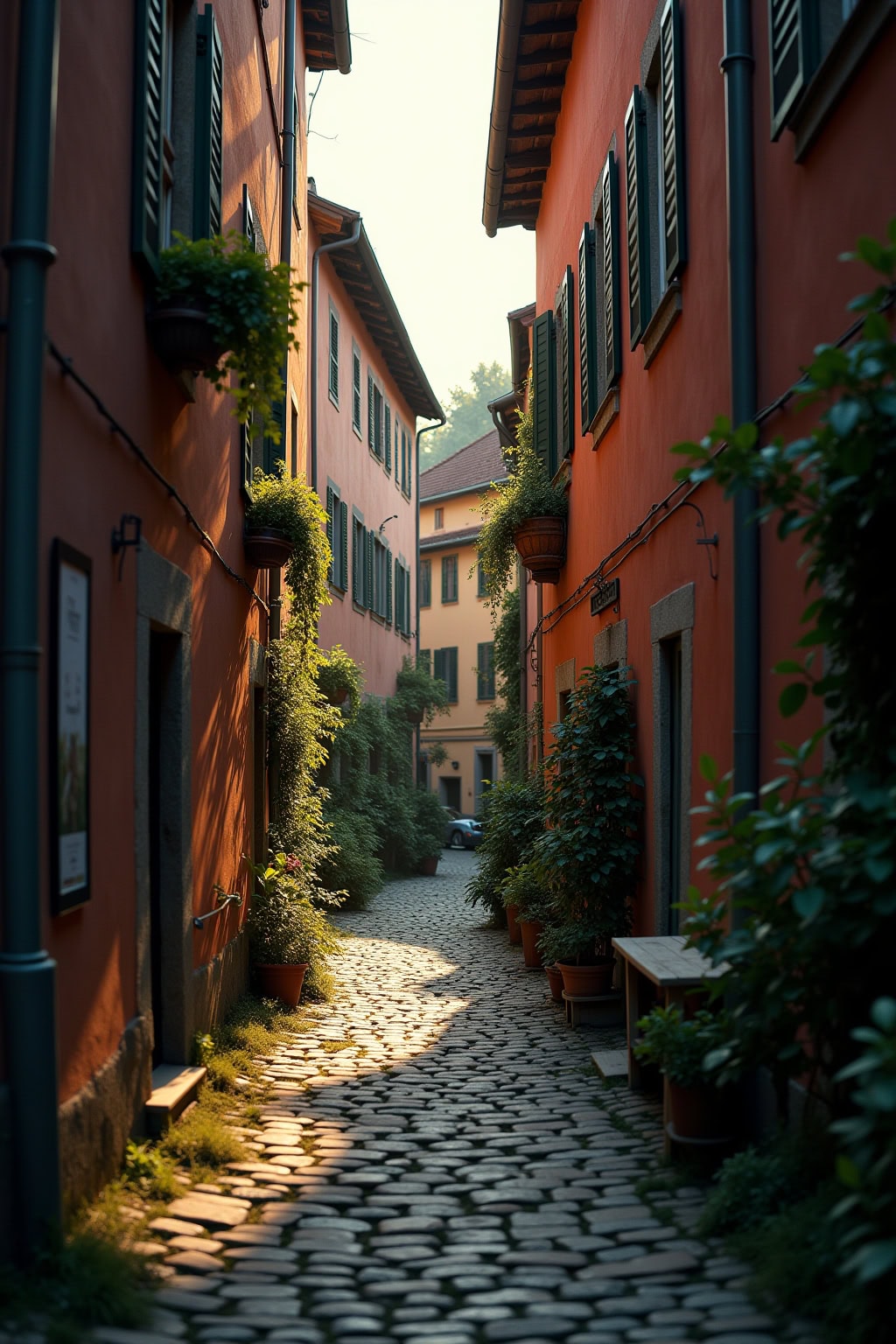 Alte, farbenfrohe Häuser in der Altstadt mit Kirchenblick, umgeben von Pflanzen und engen Gassen.