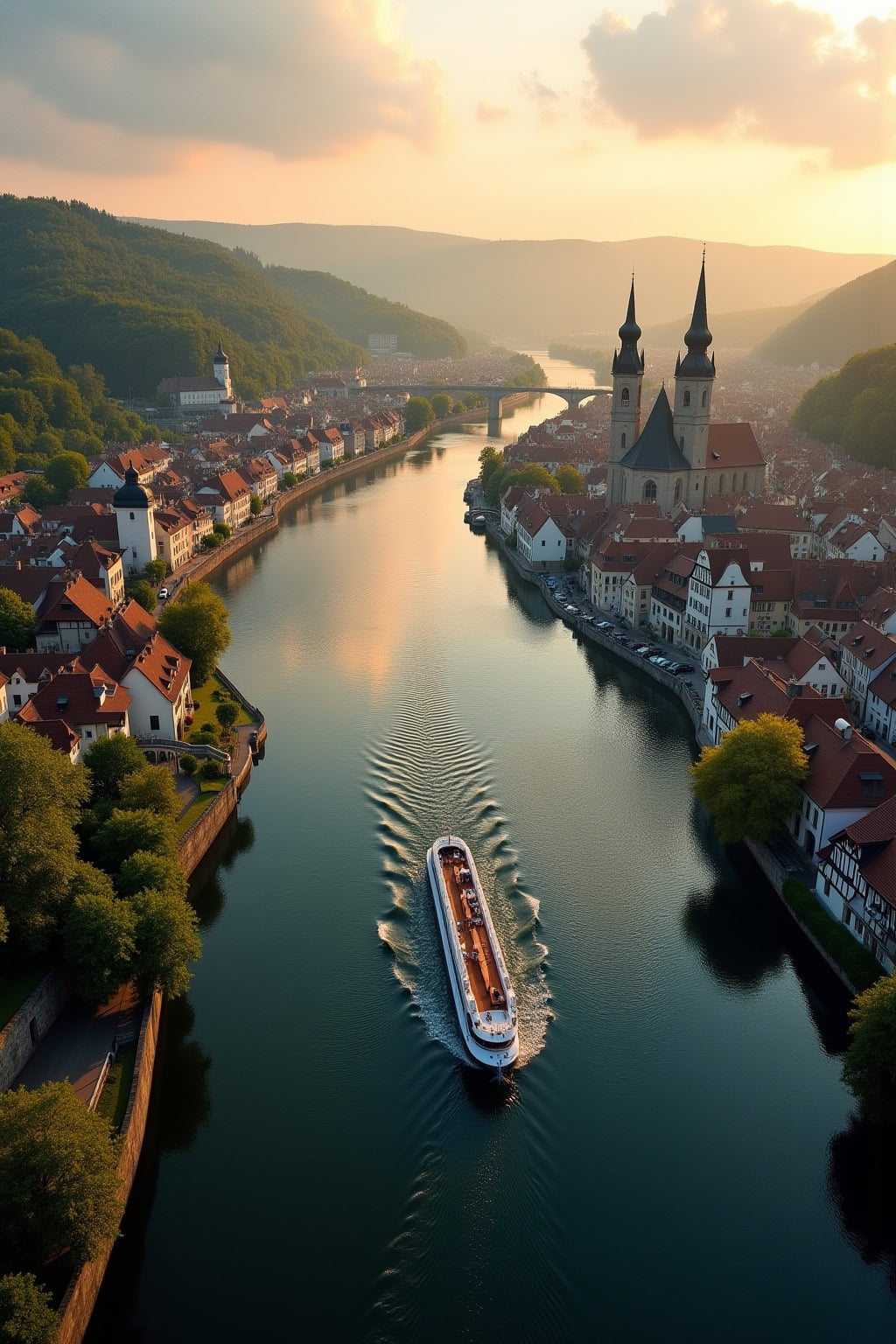 Historische Altstadt mit Kirche und Fluss in der malerischen Altstadt. Perfekt für Tourismus, Geschichte und Architektur.