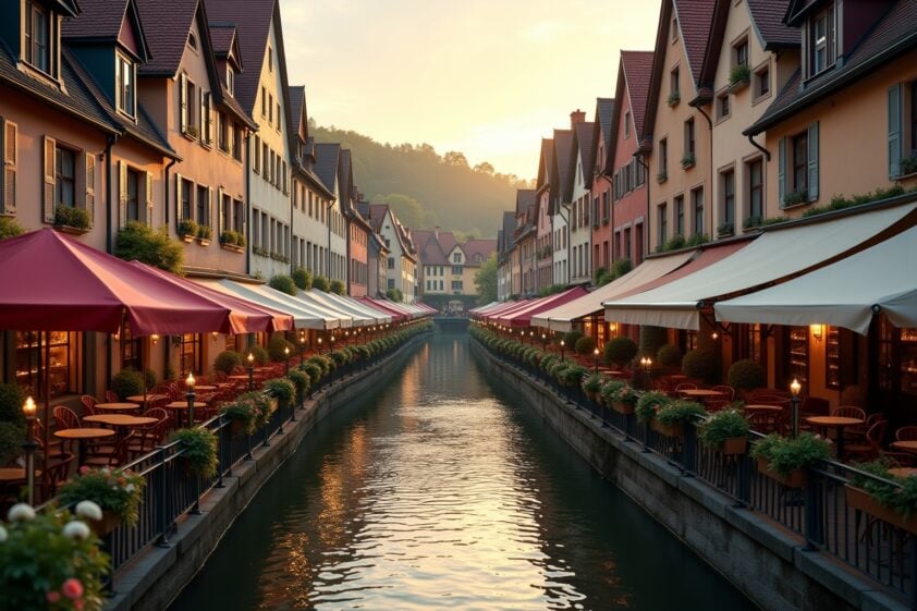 Charmante Altstadt mit Kirche und bunten Fachwerkhäusern am Kanal, romantisches Ambiente bei Sonnenuntergang.