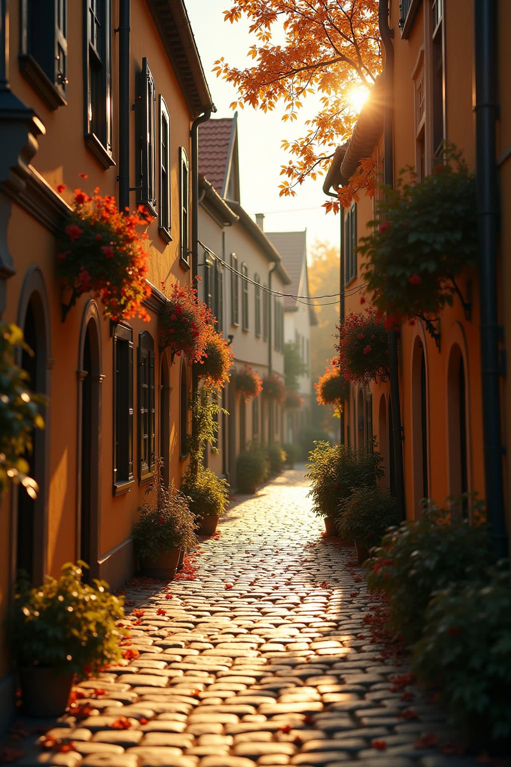 Altstadt mit charaktervoller Kirche und charmanten Fachwerkhäusern in warmem Sonnenlicht.
